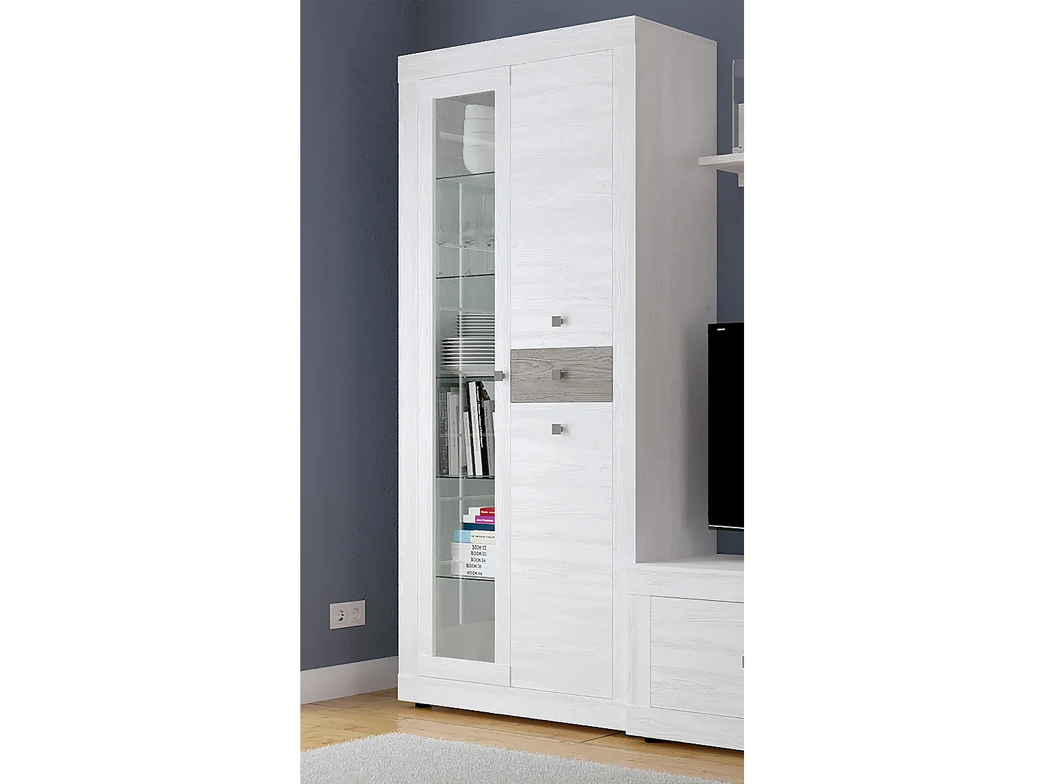 Ensemble de salon meuble TV +1 étagère murale + armoire avec LED + bibliothèque coloris pin andersen, pin gris