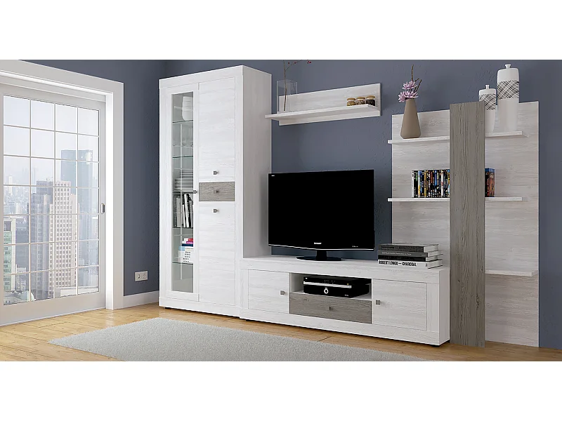 Ensemble de salon meuble TV +1 étagère murale + armoire avec LED + bibliothèque coloris pin andersen, pin gris