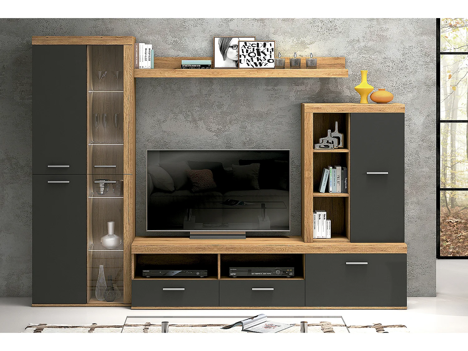 Ensemble de salon meuble TV + 1 étagère murale + armoire + meuble haut coloris chêne cambrian, graphite