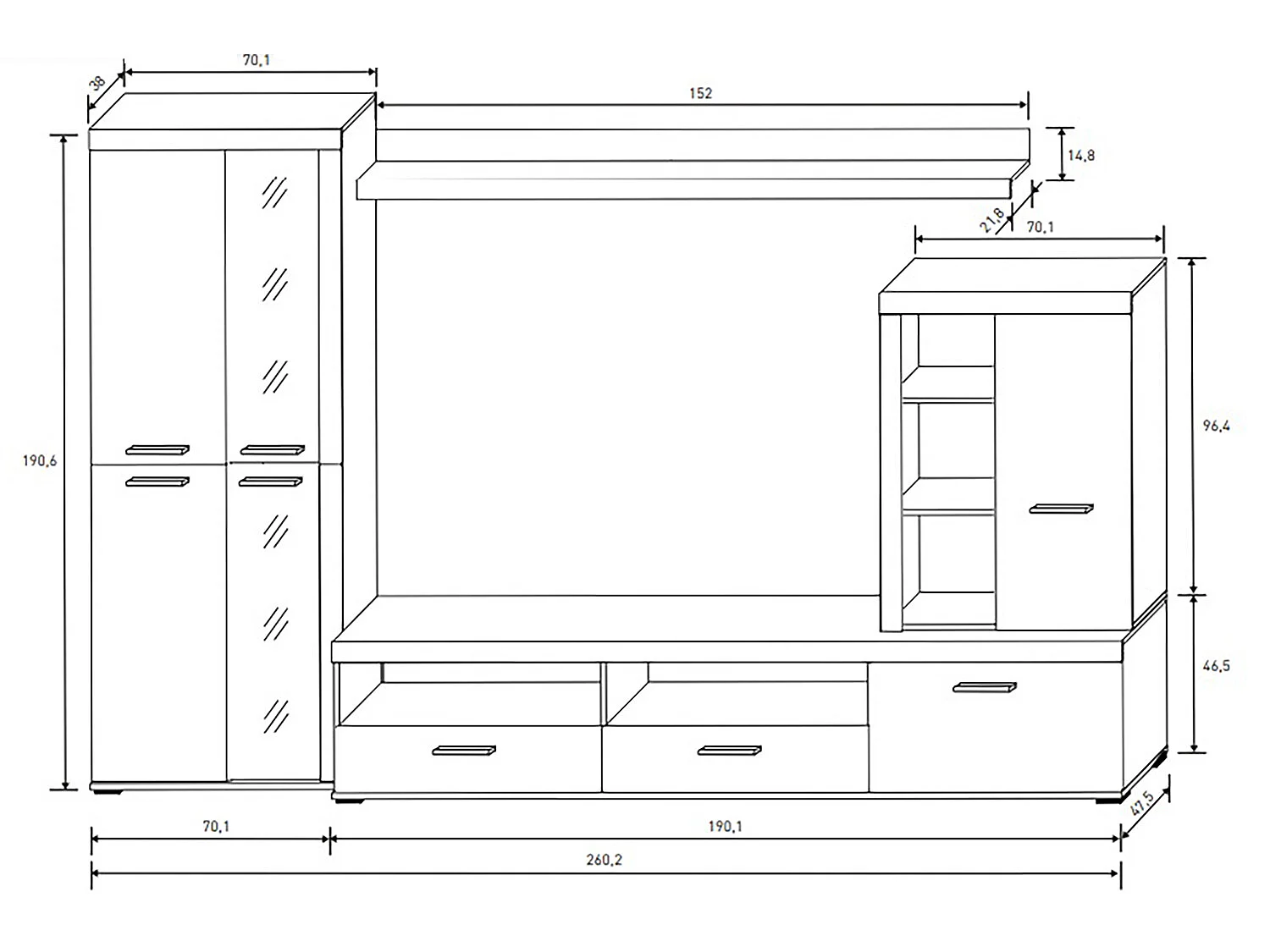 Ensemble de salon meuble TV + 1 étagère murale + armoire + meuble haut coloris chêne cambrian, graphite