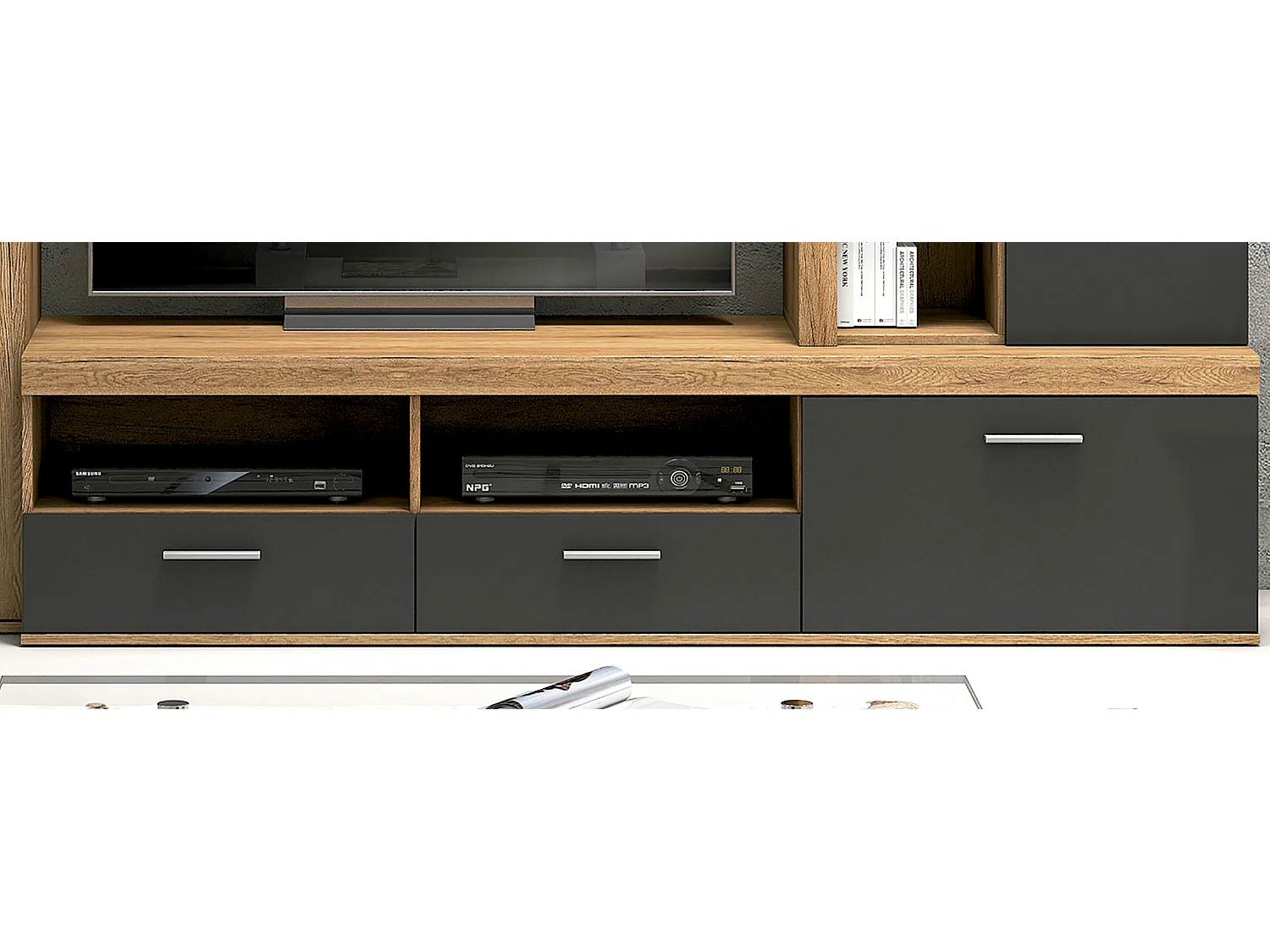 Ensemble de salon meuble TV + 1 étagère murale + armoire + meuble haut coloris chêne cambrian, graphite