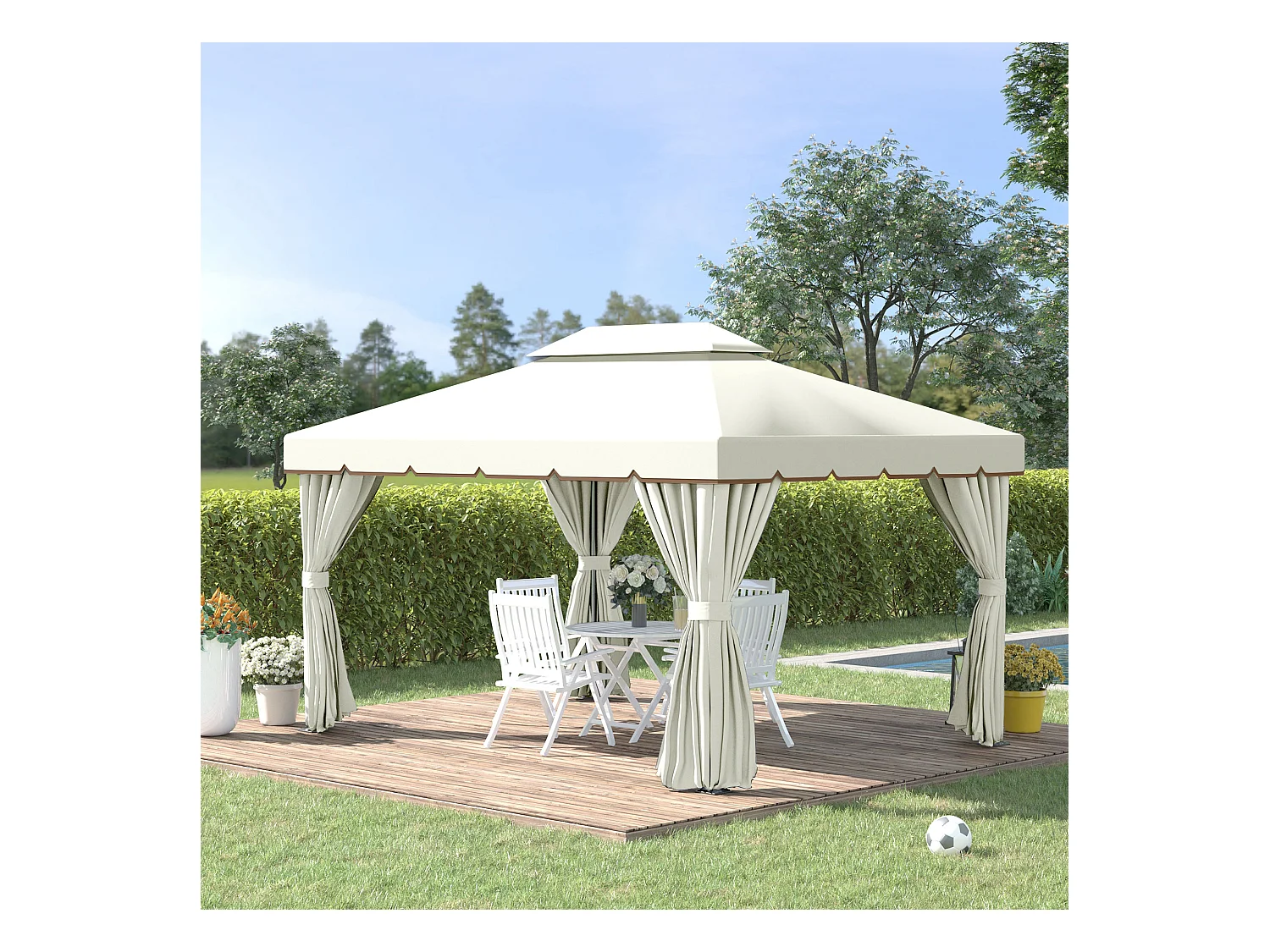 Tonnelle barnum pavillon de jardin style colonial double toit toile moustiquaires et toiles amovibles 3,9L x 2,9l x 2,8H m crème