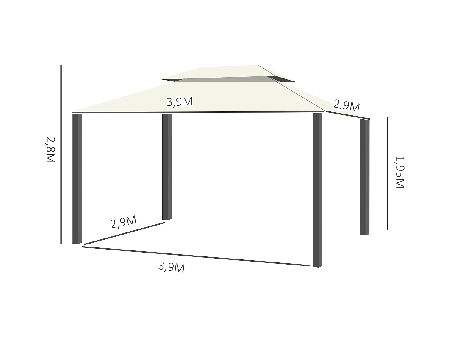 Tonnelle barnum pavillon de jardin style colonial double toit toile moustiquaires et toiles amovibles 3,9L x 2,9l x 2,8H m crème