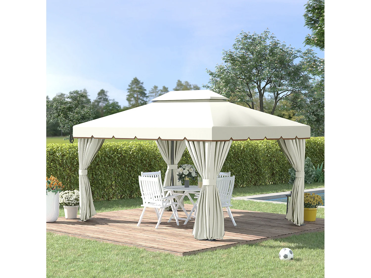 Tonnelle barnum pavillon de jardin style colonial double toit toile moustiquaires et toiles amovibles 3,9L x 2,9l x 2,8H m crème
