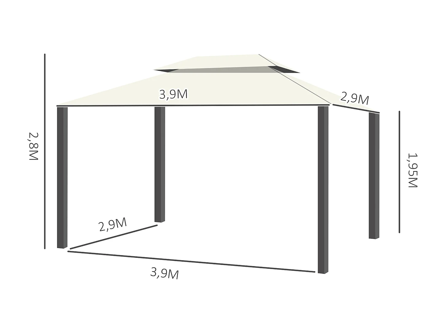 Tonnelle barnum pavillon de jardin style colonial double toit toile moustiquaires et toiles amovibles 3,9L x 2,9l x 2,8H m crème