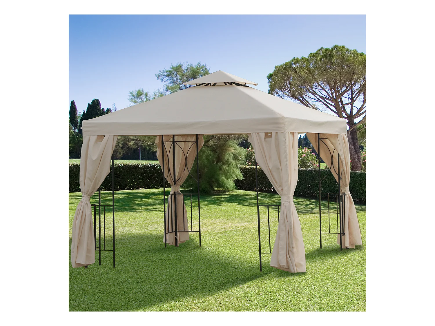 Tonnelle barnum style colonial double toit toiles latérales amovibles 2,95L x 2,95l x 2,65H m beige noir