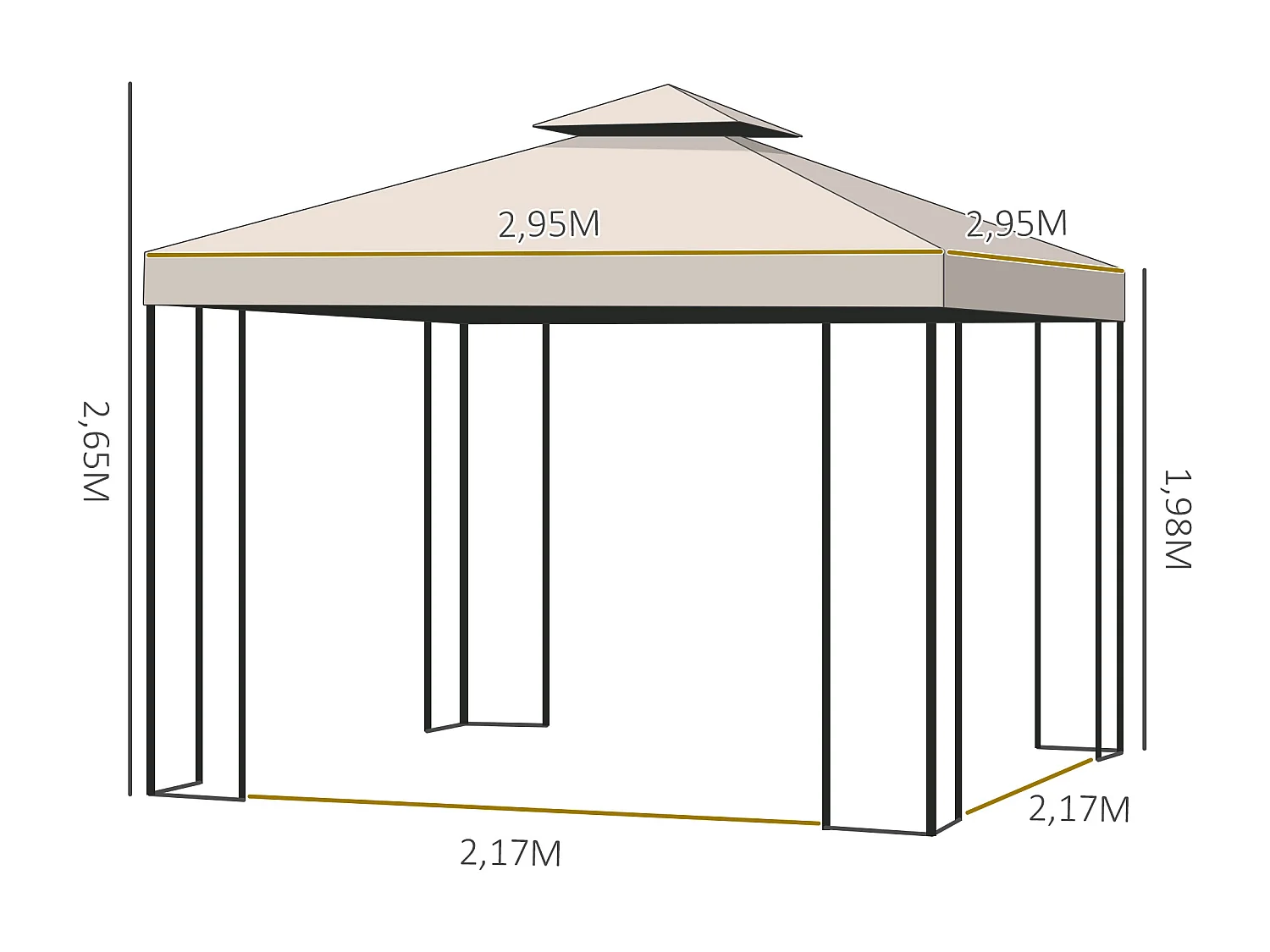 Tonnelle barnum style colonial double toit toiles latérales amovibles 2,95L x 2,95l x 2,65H m beige noir