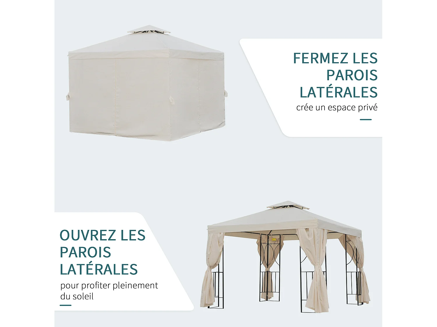 Tonnelle barnum style colonial double toit toiles latérales amovibles 2,95L x 2,95l x 2,65H m beige noir