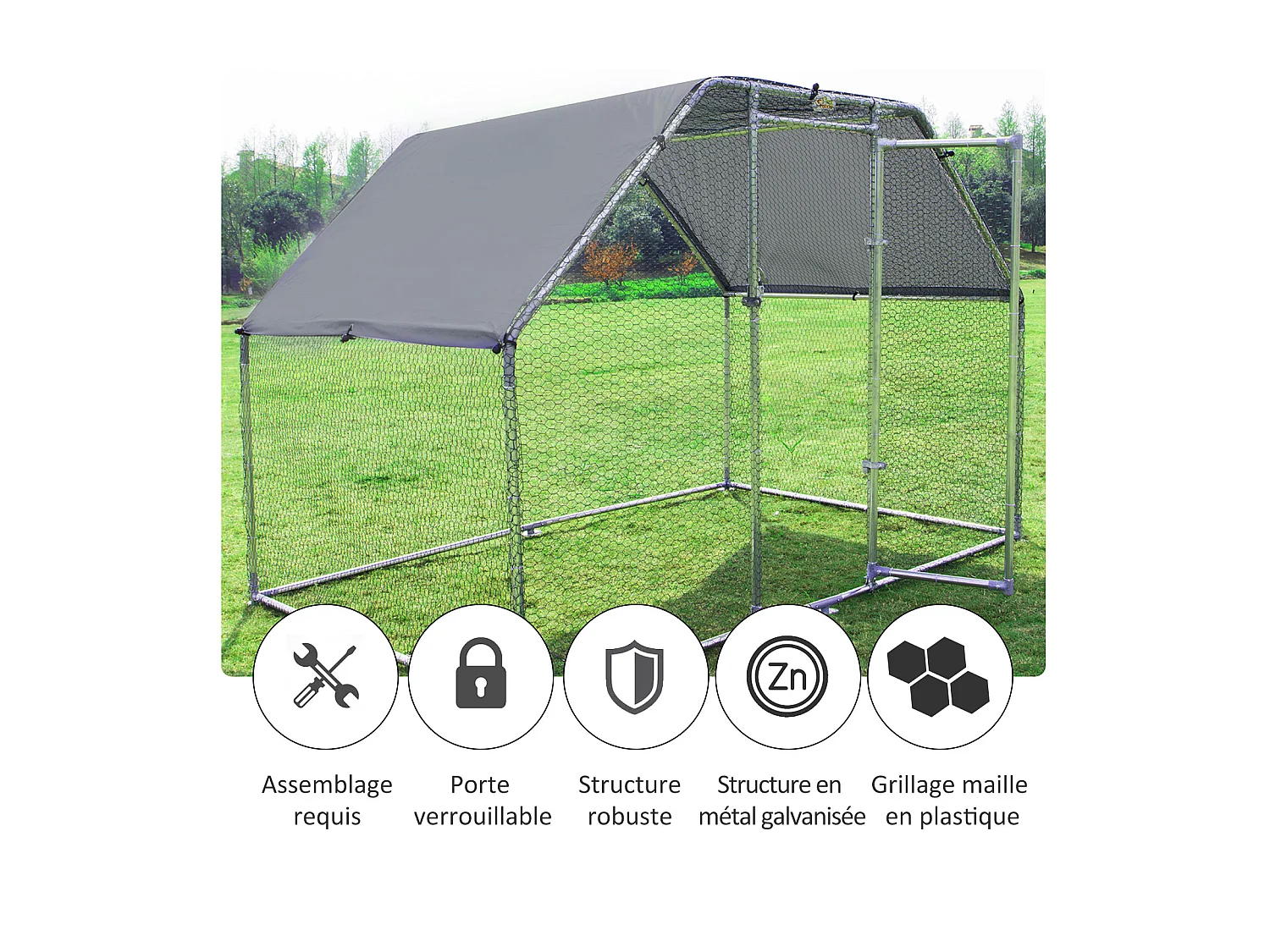 Enclos poulailler chenil 5,32 m² - parc grillagé dim. 2,8L x 1,9l x 1,95H m - poulailler chenil entièrement couvert - acier galvanisé