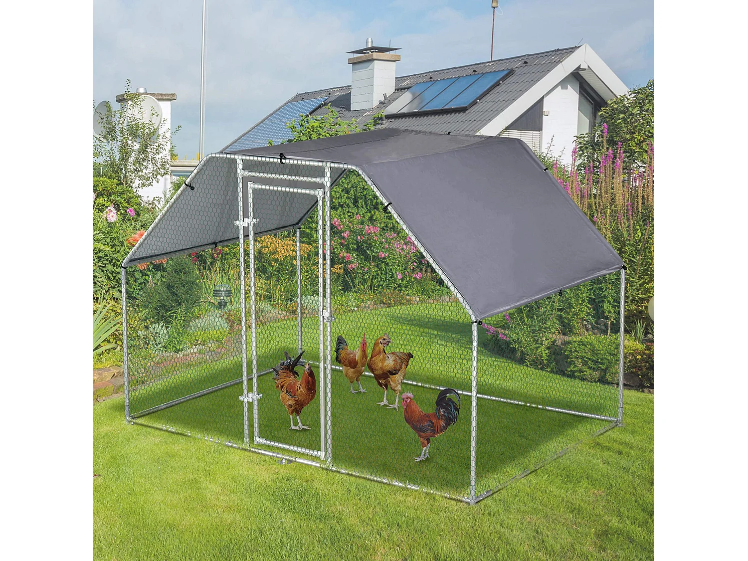 Enclos poulailler chenil 5,32 m² - parc grillagé dim. 2,8L x 1,9l x 1,95H m - poulailler chenil entièrement couvert - acier galvanisé