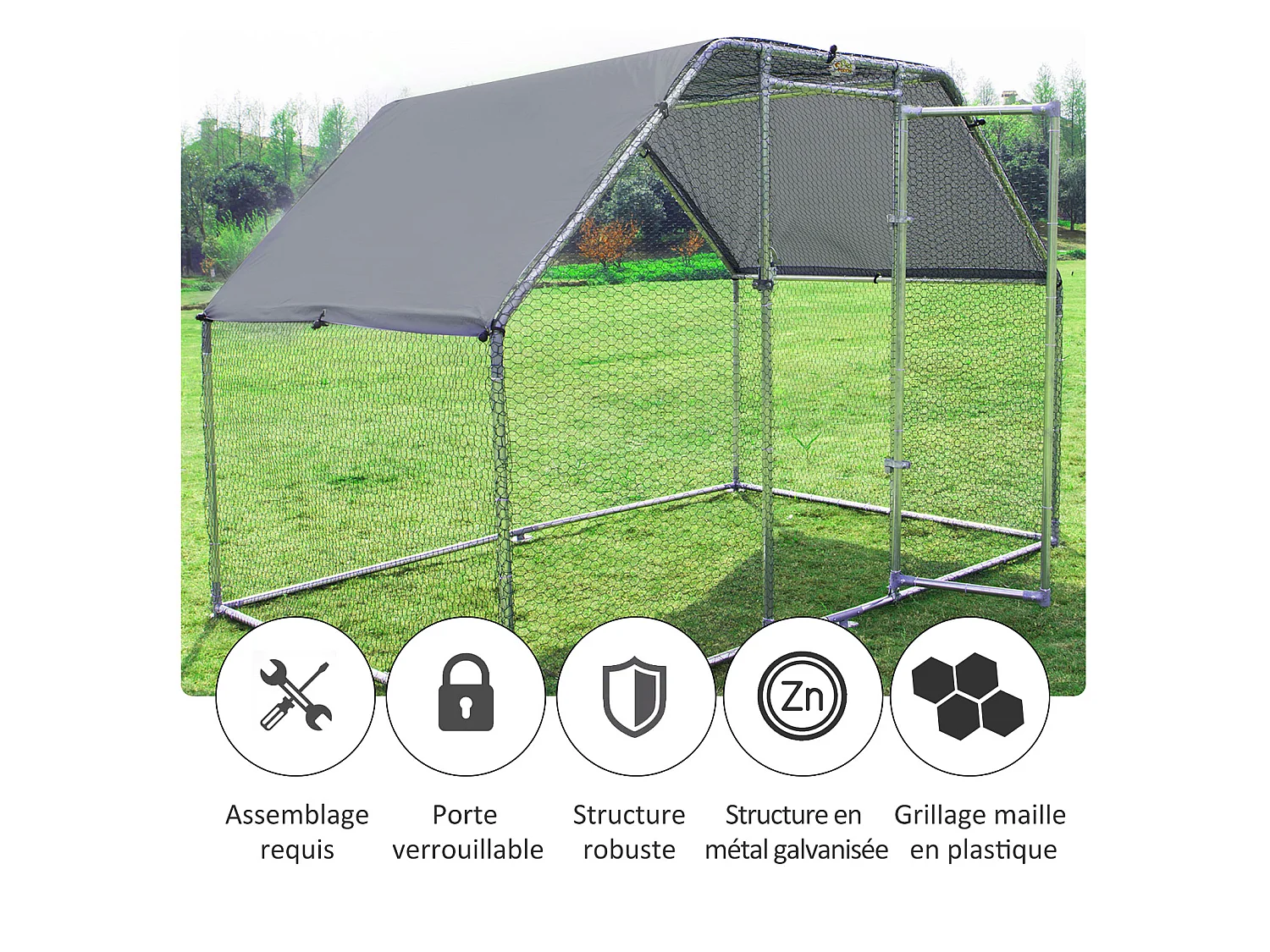 Enclos poulailler chenil 5,32 m² - parc grillagé dim. 2,8L x 1,9l x 1,95H m - poulailler chenil entièrement couvert - acier galvanisé