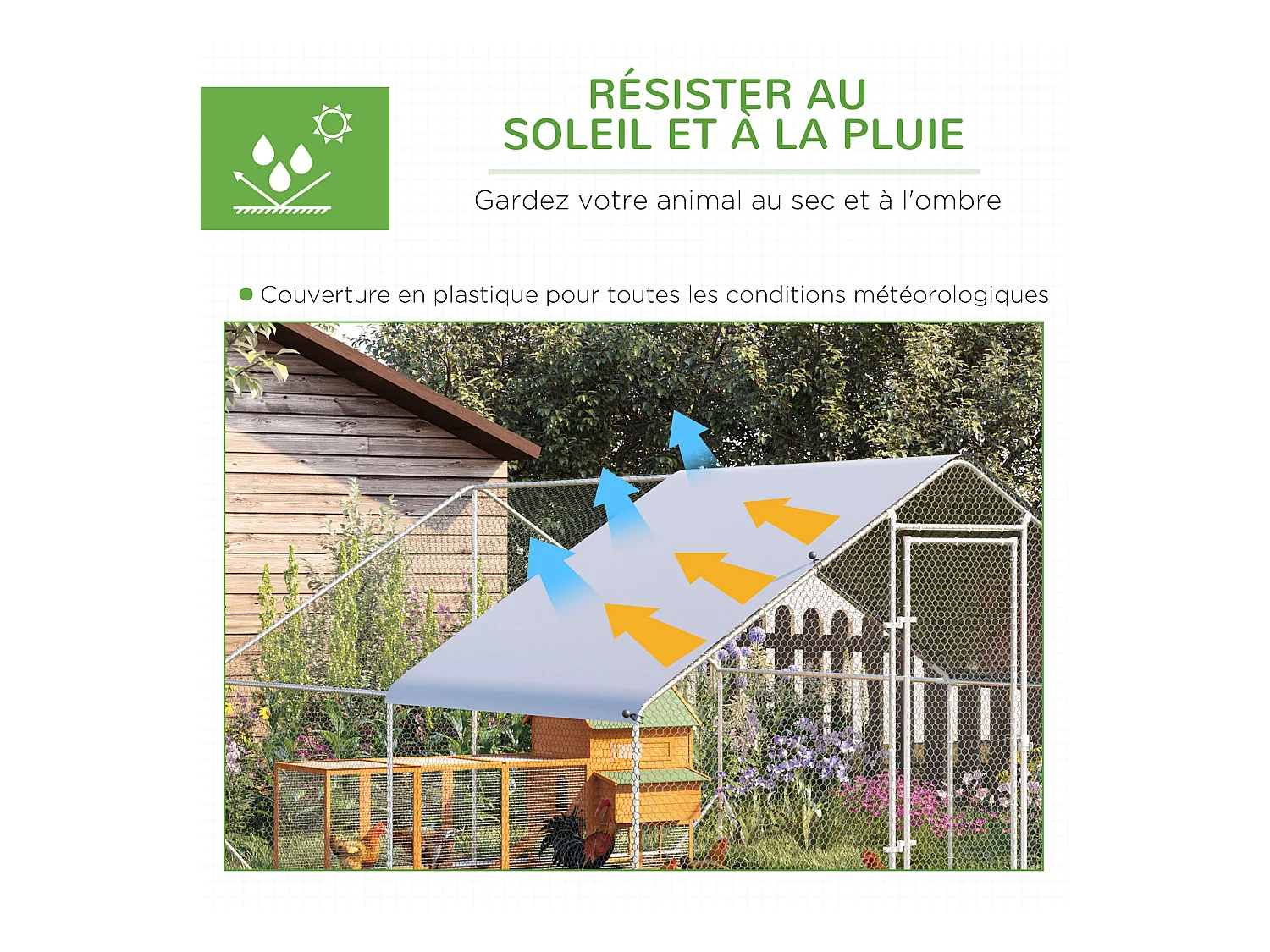 Enclos poulailler chenil 12 m² - parc grillagé dim. 4L x 3l x 2H m - espace couvert - acier galvanisé