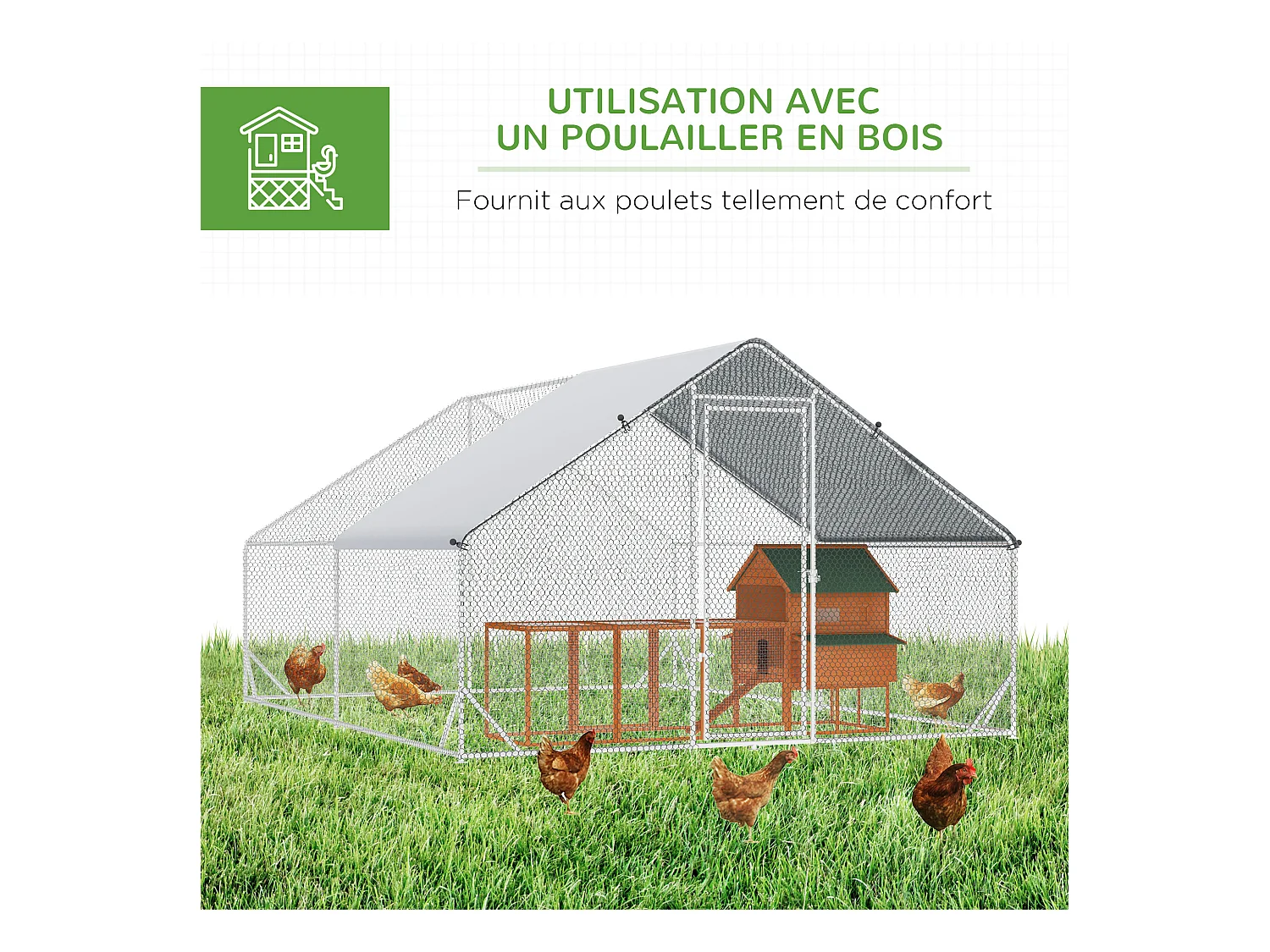 Enclos poulailler chenil 12 m² - parc grillagé dim. 4L x 3l x 2H m - espace couvert - acier galvanisé