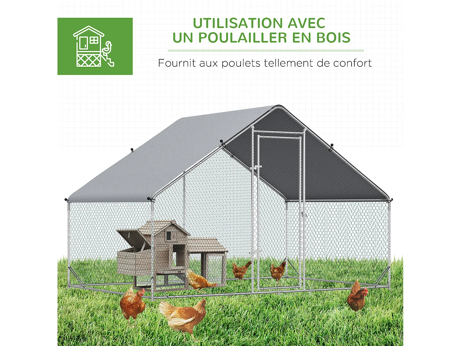 Enclos poulailler chenil 6 m² - parc grillagé dim. 3L x 2l x 2H m - poulailler chenil entièrement couvert - acier galvanisé