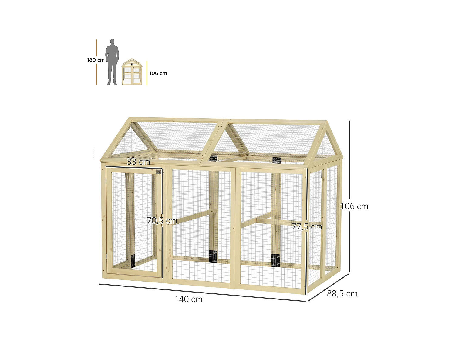 Enclos poulailler chenil 1,23 m² - parc grillagé dim 140L x 88,5l x 106H cm - 2 portes verrouillables - bois sapin