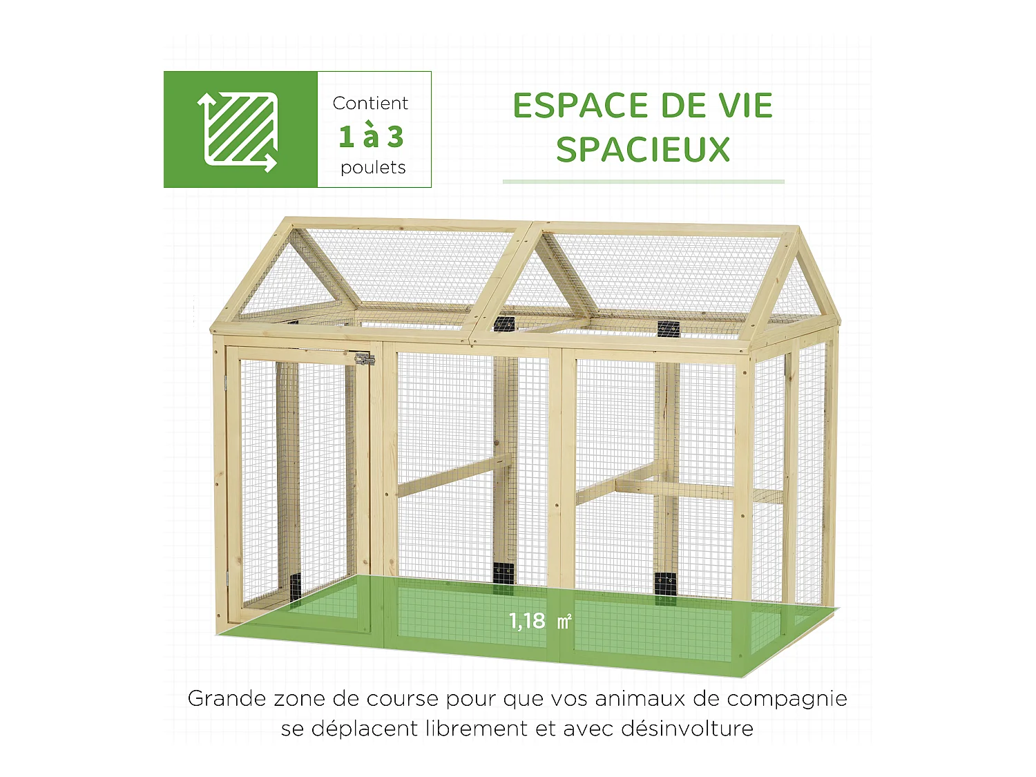 Enclos poulailler chenil 1,23 m² - parc grillagé dim 140L x 88,5l x 106H cm - 2 portes verrouillables - bois sapin