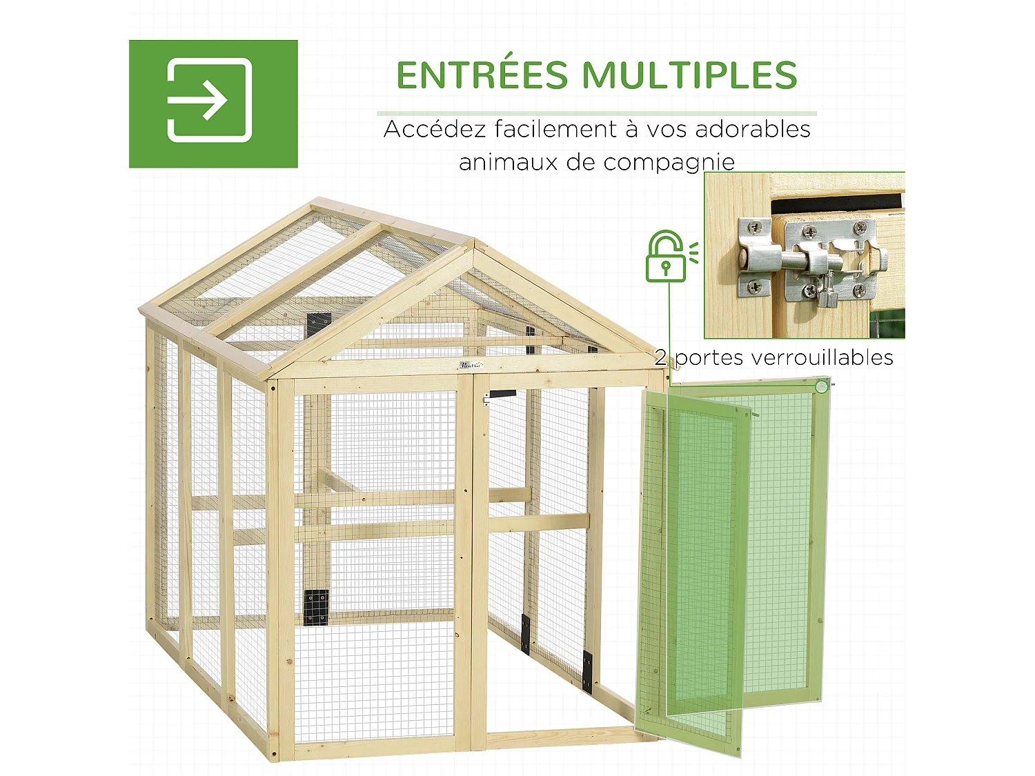 Enclos poulailler chenil 1,23 m² - parc grillagé dim 140L x 88,5l x 106H cm - 2 portes verrouillables - bois sapin