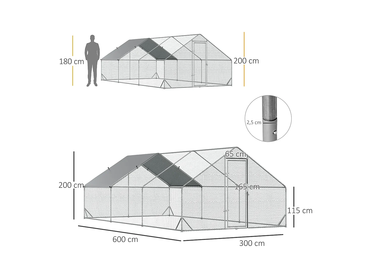 Enclos poulailler chenil 18 m² - parc grillagé dim. 6L x 3l x 2H m - espace couvert - acier galvanisé