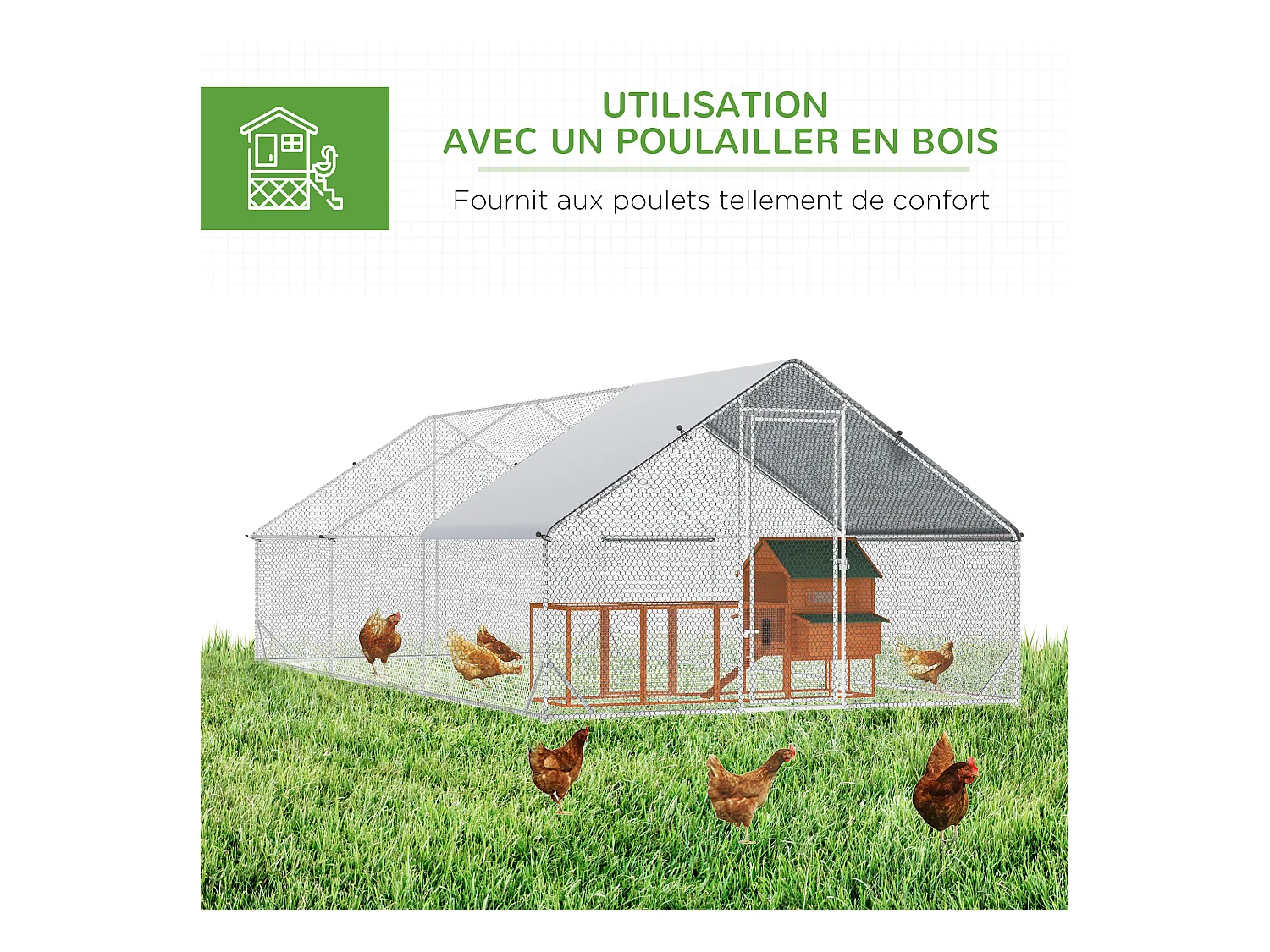 Enclos poulailler chenil 18 m² - parc grillagé dim. 6L x 3l x 2H m - espace couvert - acier galvanisé