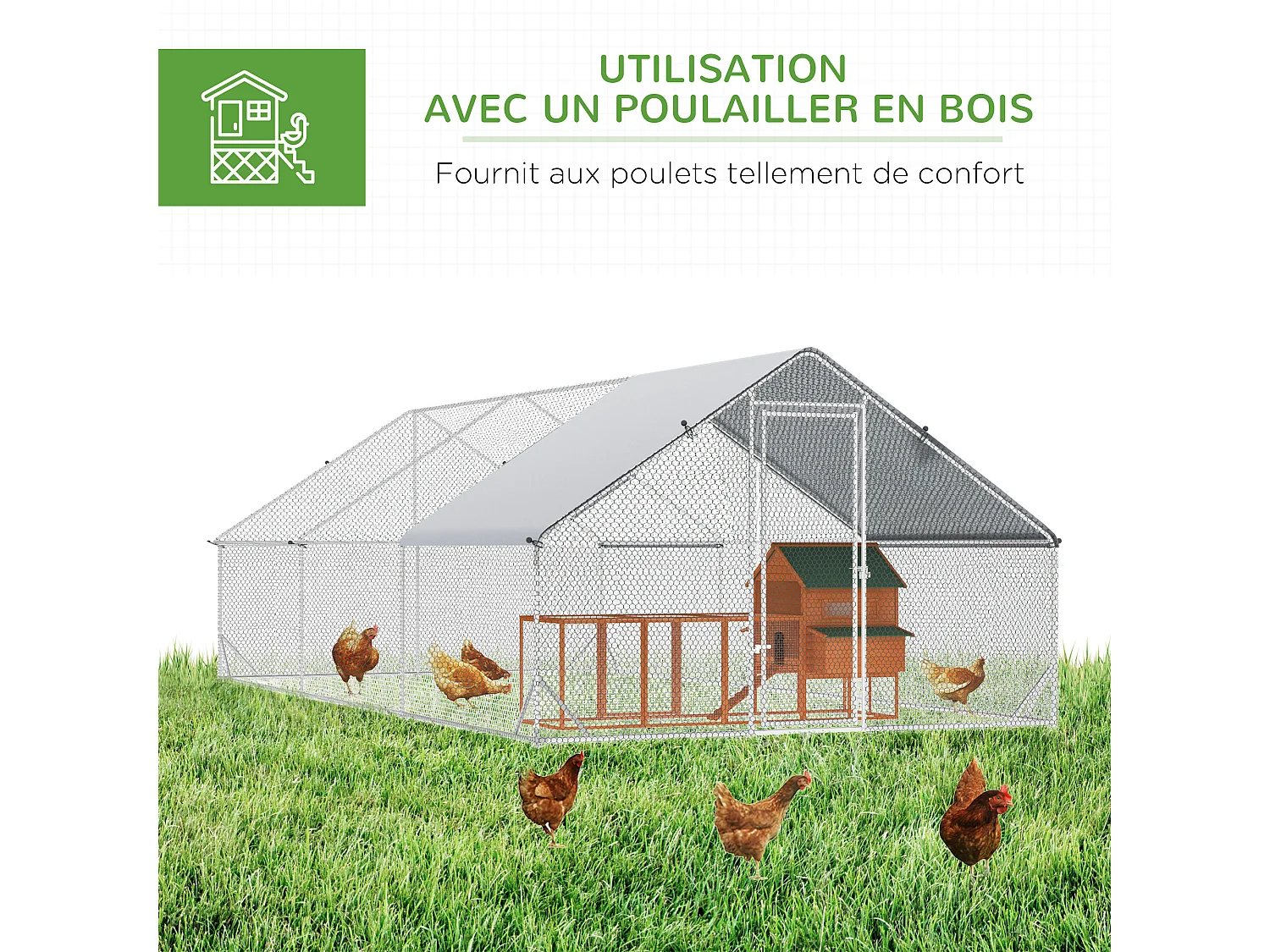 Enclos poulailler chenil 18 m² - parc grillagé dim. 6L x 3l x 2H m - espace couvert - acier galvanisé