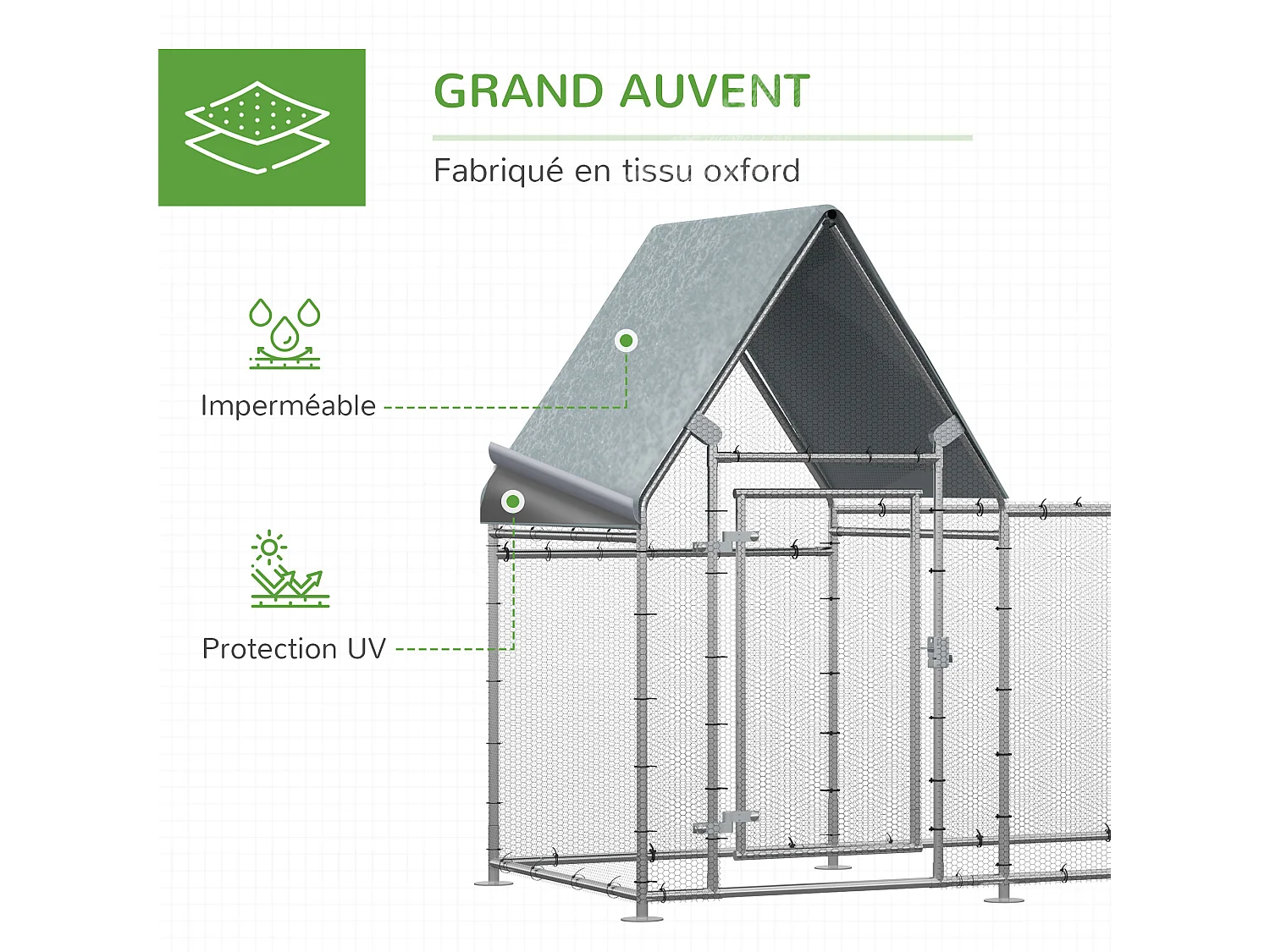Enclos poulailler chenil 3,23 m² - parc grillagé dim 3,02L x 1,07l x 1,72H m - espace couvert - acier galvanisé