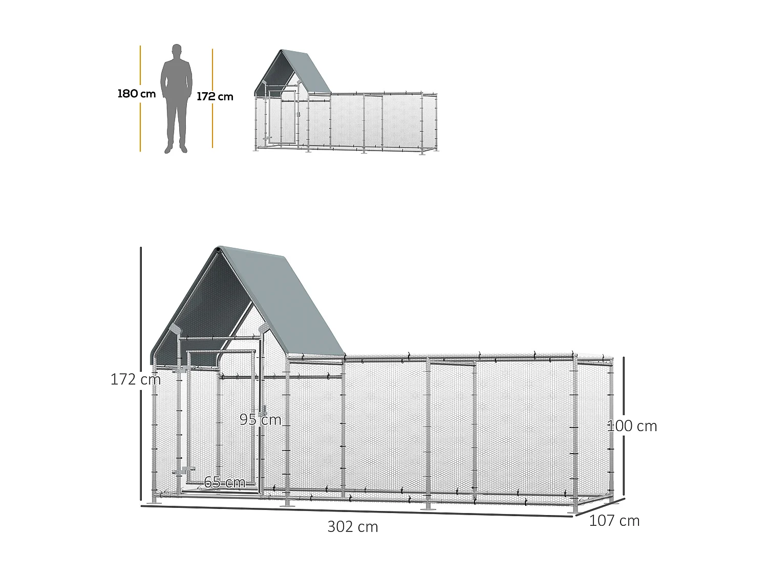 Enclos poulailler chenil 3,23 m² - parc grillagé dim 3,02L x 1,07l x 1,72H m - espace couvert - acier galvanisé