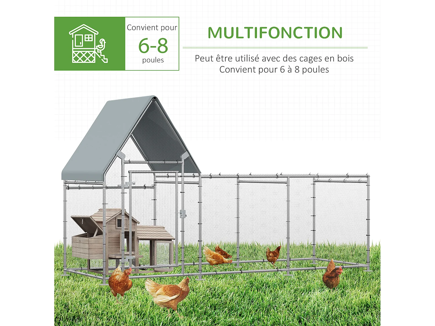 Enclos poulailler chenil 3,23 m² - parc grillagé dim 3,02L x 1,07l x 1,72H m - espace couvert - acier galvanisé