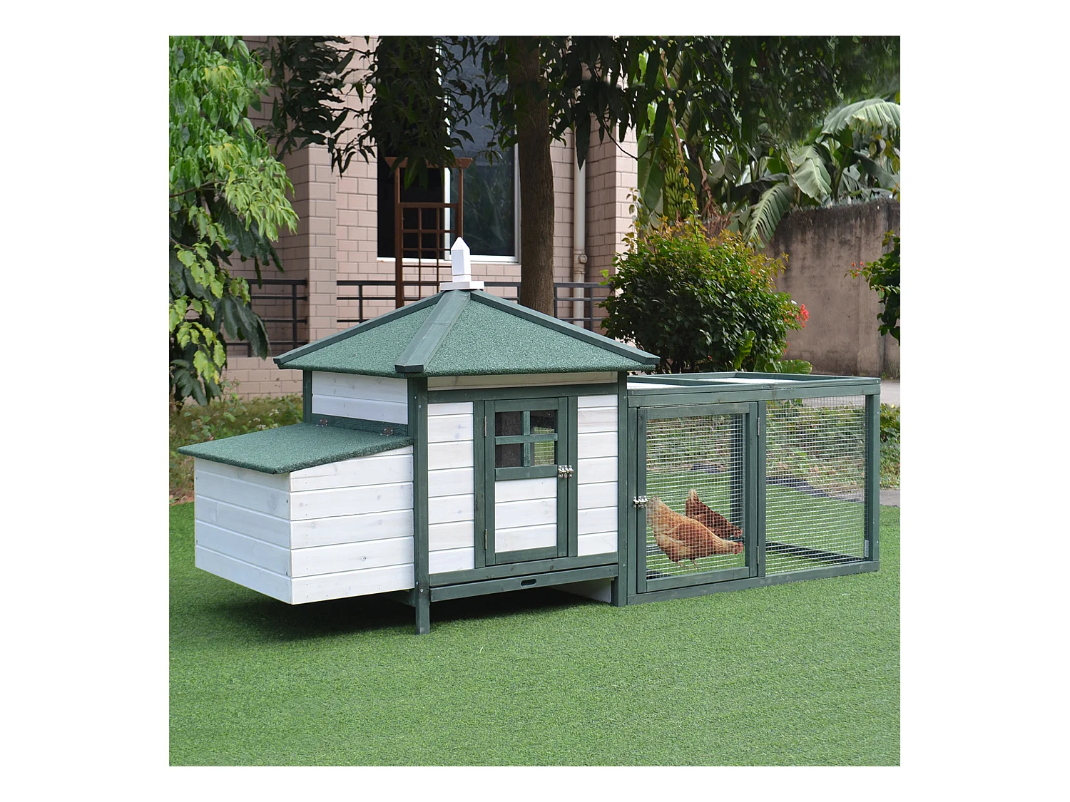 Poulailler cottage multi-équipement perchoir rampe pondoir enclos tiroir à déjection 196L x 76l x 97H cm bois massif pin vert blanc