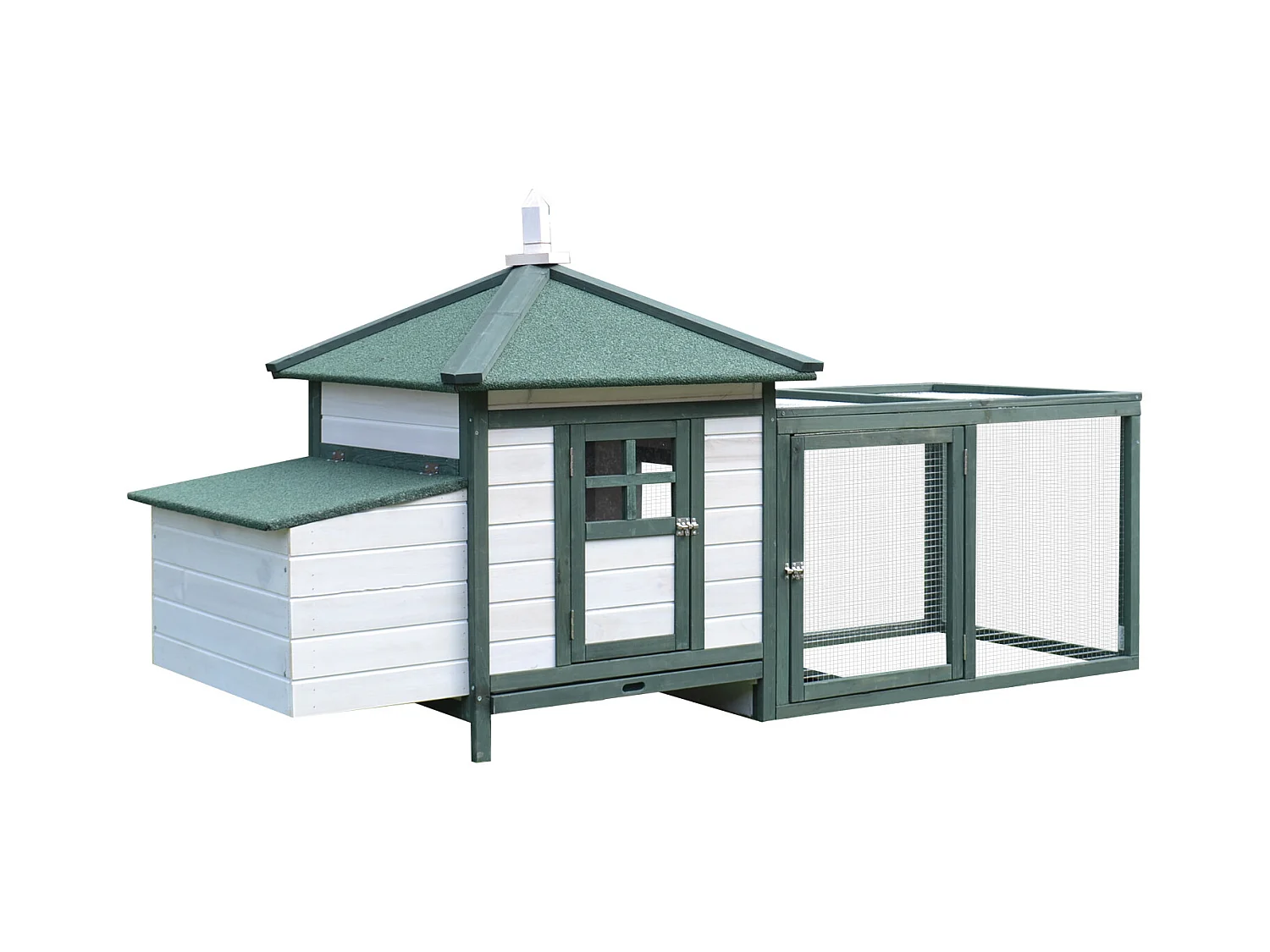 Poulailler cottage multi-équipement perchoir rampe pondoir enclos tiroir à déjection 196L x 76l x 97H cm bois massif pin vert blanc