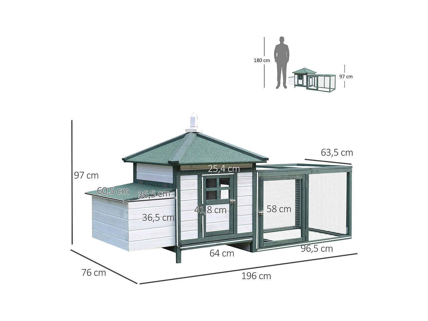 Poulailler cottage multi-équipement perchoir rampe pondoir enclos tiroir à déjection 196L x 76l x 97H cm bois massif pin vert blanc