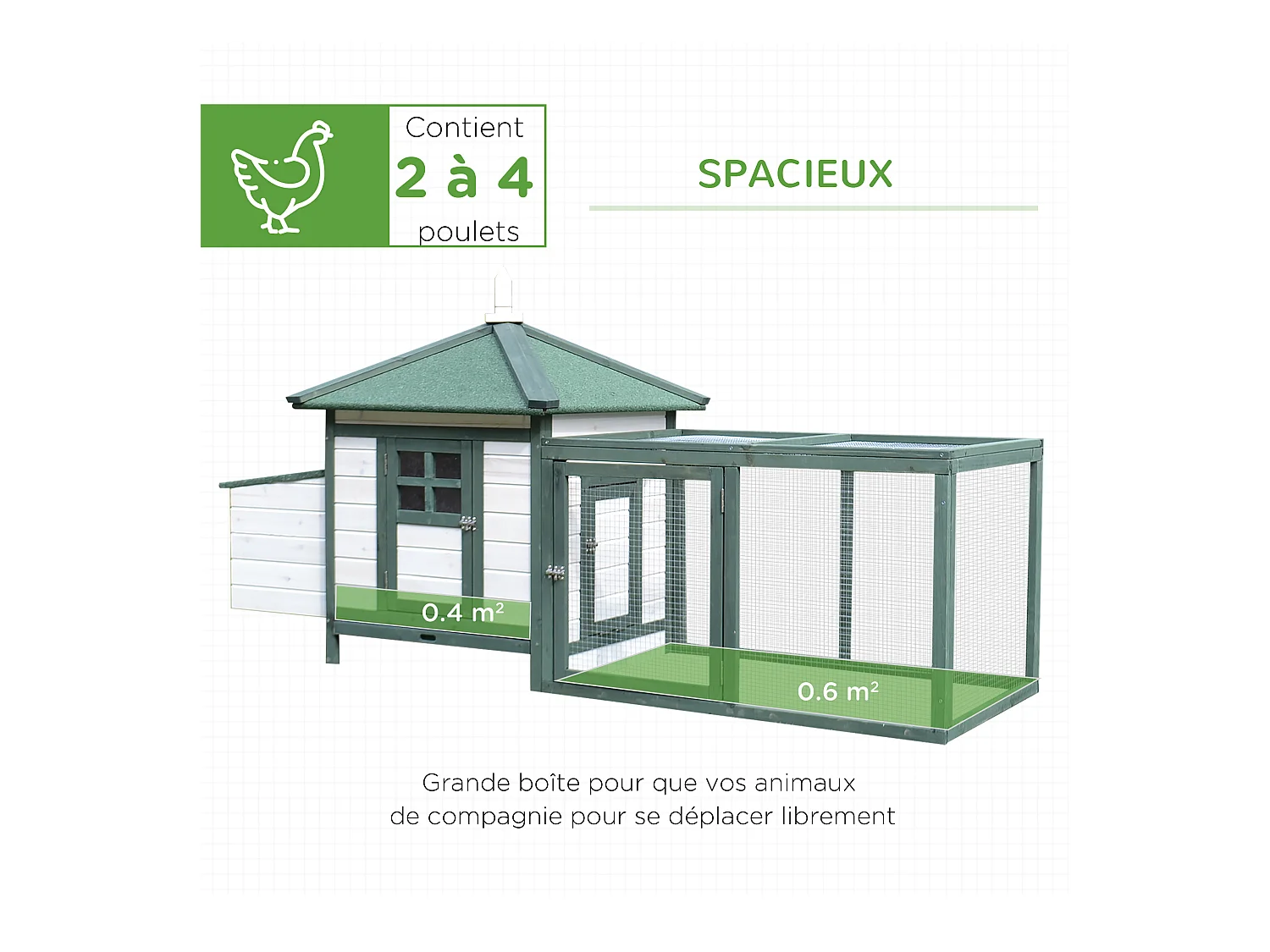 Poulailler cottage multi-équipement perchoir rampe pondoir enclos tiroir à déjection 196L x 76l x 97H cm bois massif pin vert blanc