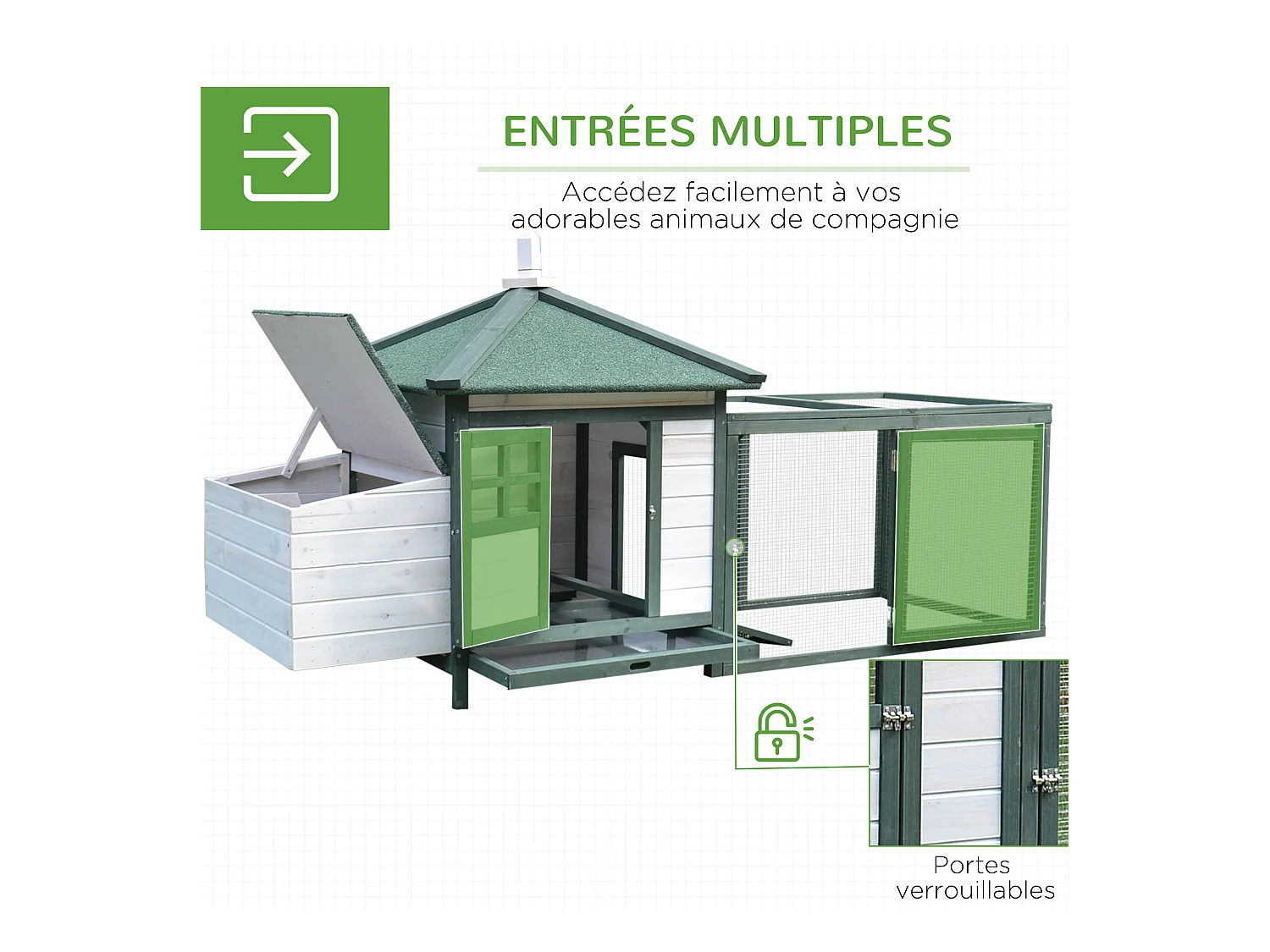 Poulailler cottage multi-équipement perchoir rampe pondoir enclos tiroir à déjection 196L x 76l x 97H cm bois massif pin vert blanc