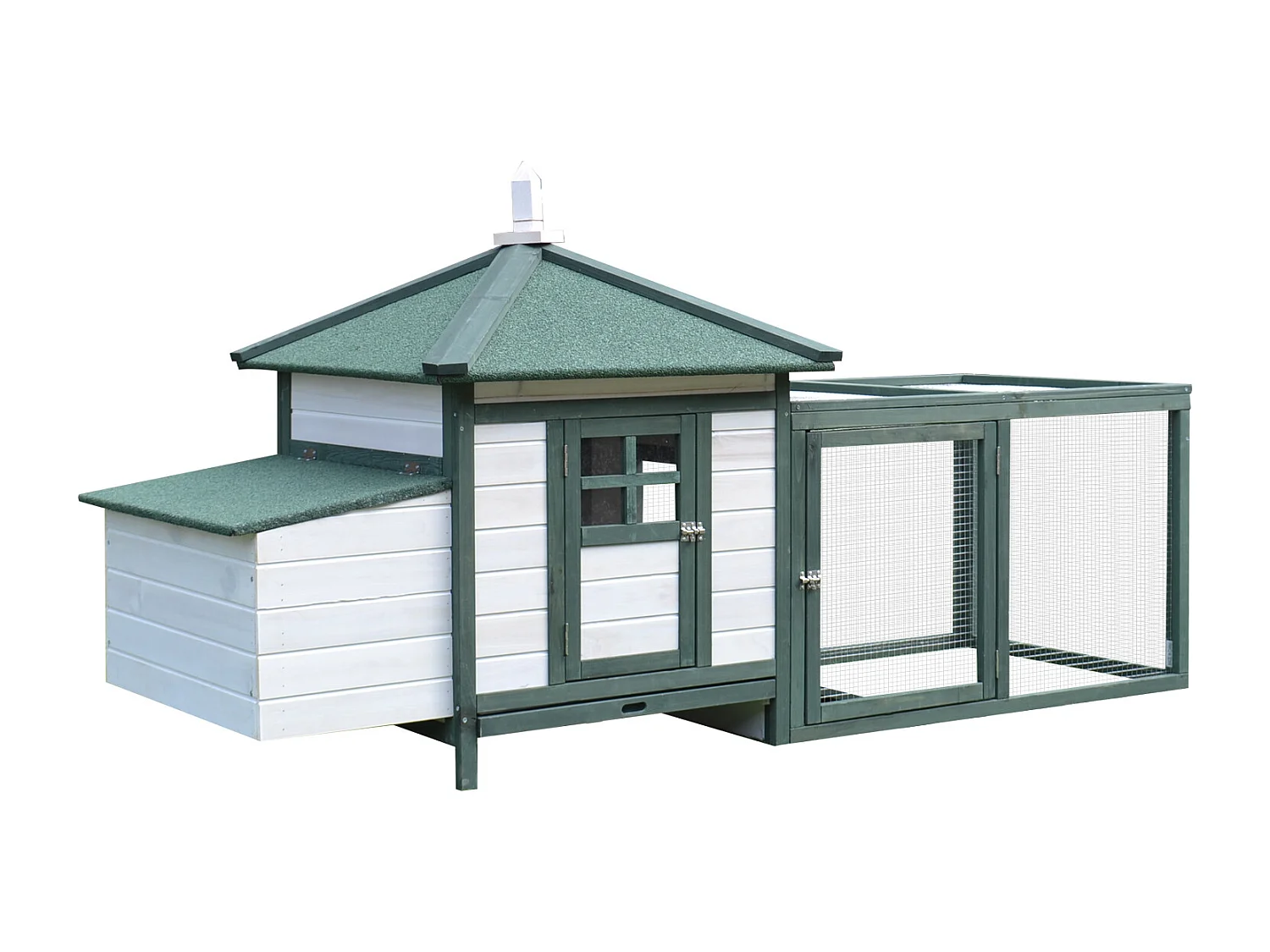 Poulailler cottage multi-équipement perchoir rampe pondoir enclos tiroir à déjection 196L x 76l x 97H cm bois massif pin vert blanc