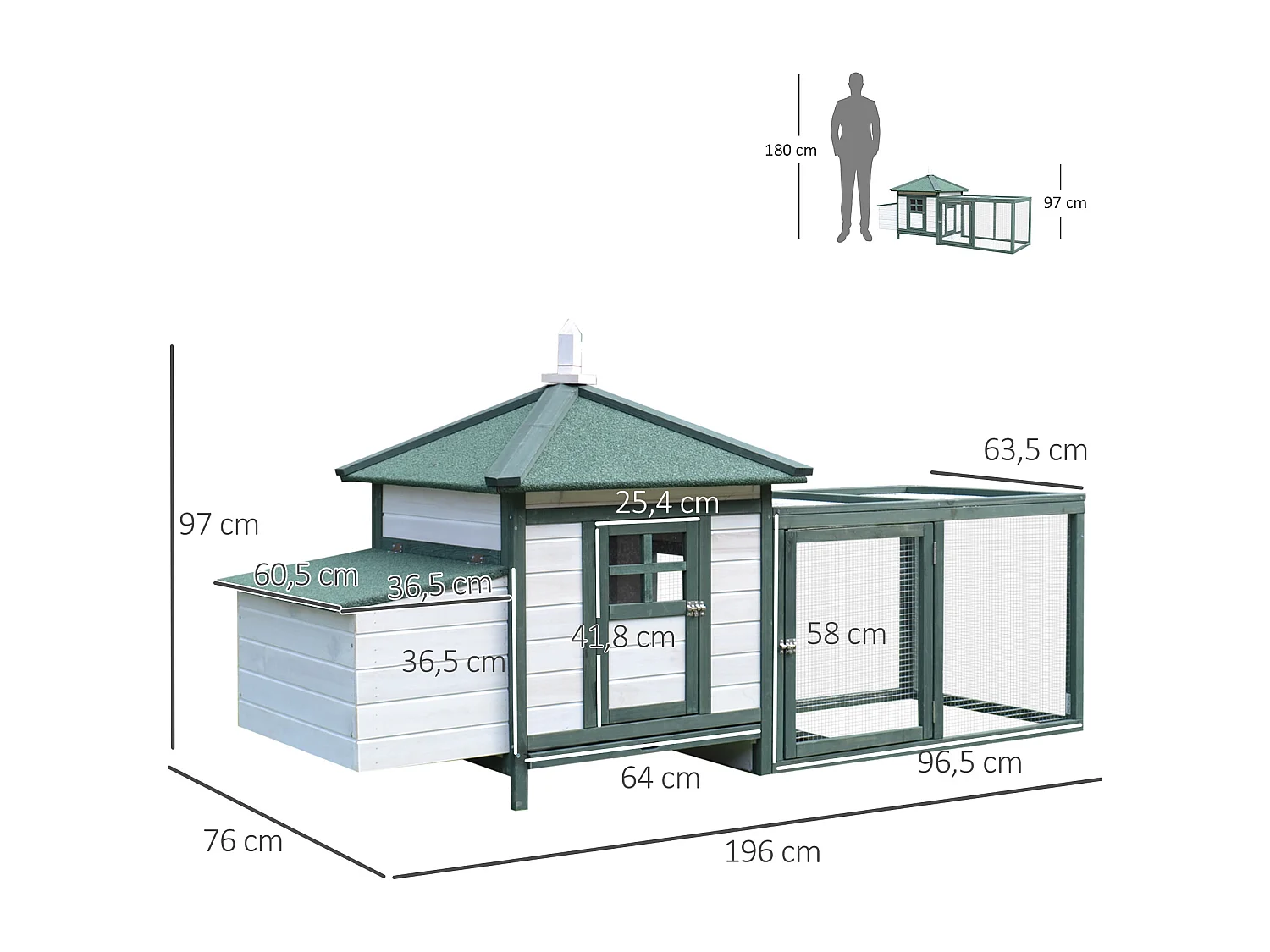 Poulailler cottage multi-équipement perchoir rampe pondoir enclos tiroir à déjection 196L x 76l x 97H cm bois massif pin vert blanc