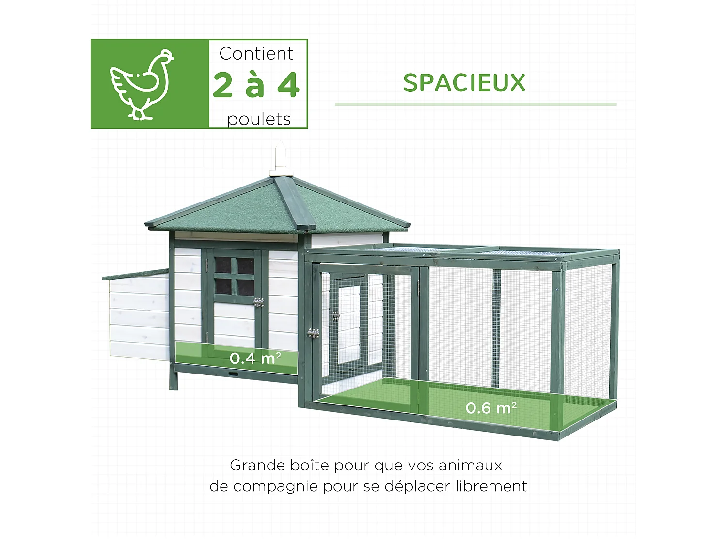 Poulailler cottage multi-équipement perchoir rampe pondoir enclos tiroir à déjection 196L x 76l x 97H cm bois massif pin vert blanc