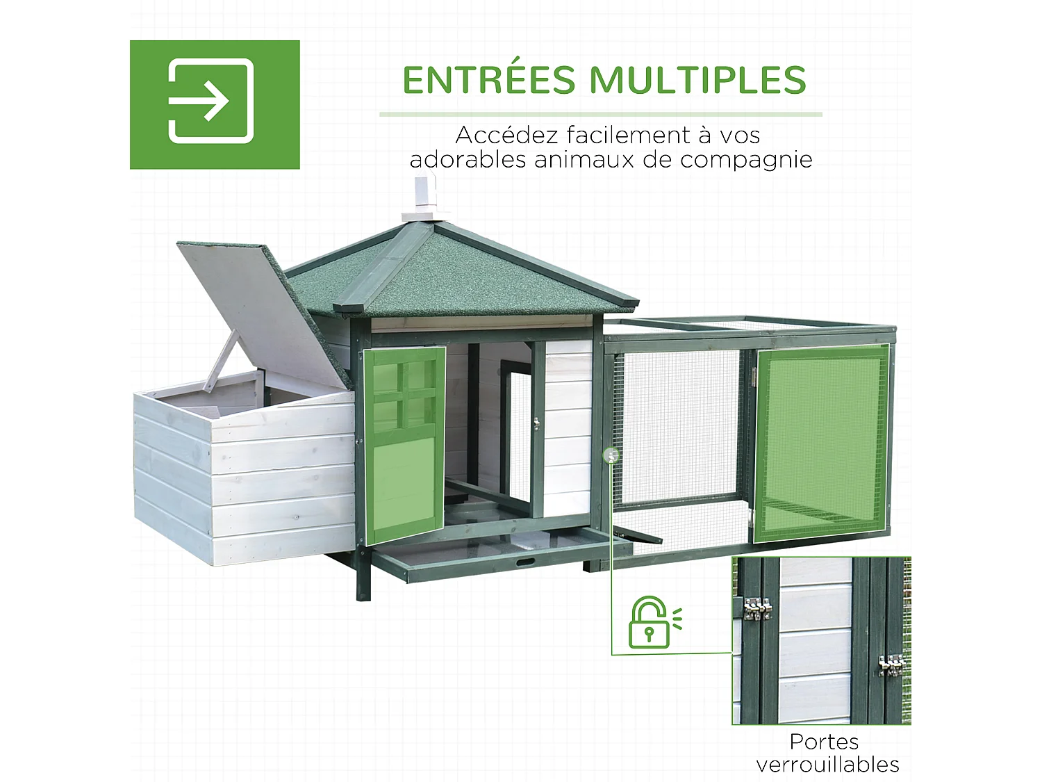 Poulailler cottage multi-équipement perchoir rampe pondoir enclos tiroir à déjection 196L x 76l x 97H cm bois massif pin vert blanc