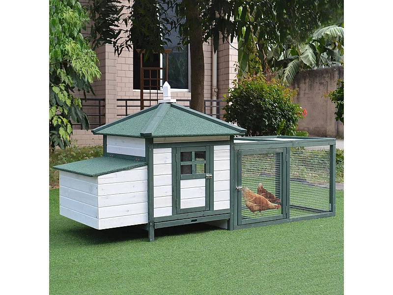 Poulailler cottage multi-équipement perchoir rampe pondoir enclos tiroir à déjection 196L x 76l x 97H cm bois massif pin vert blanc