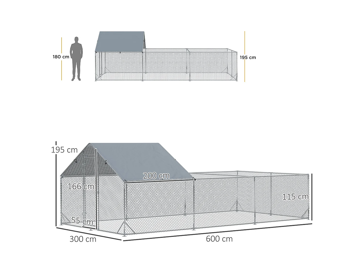 Enclos poulailler chenil 18 m² - parc grillagé dim 6L x 3l x 1,95H m - espace couvert - acier galvanisé