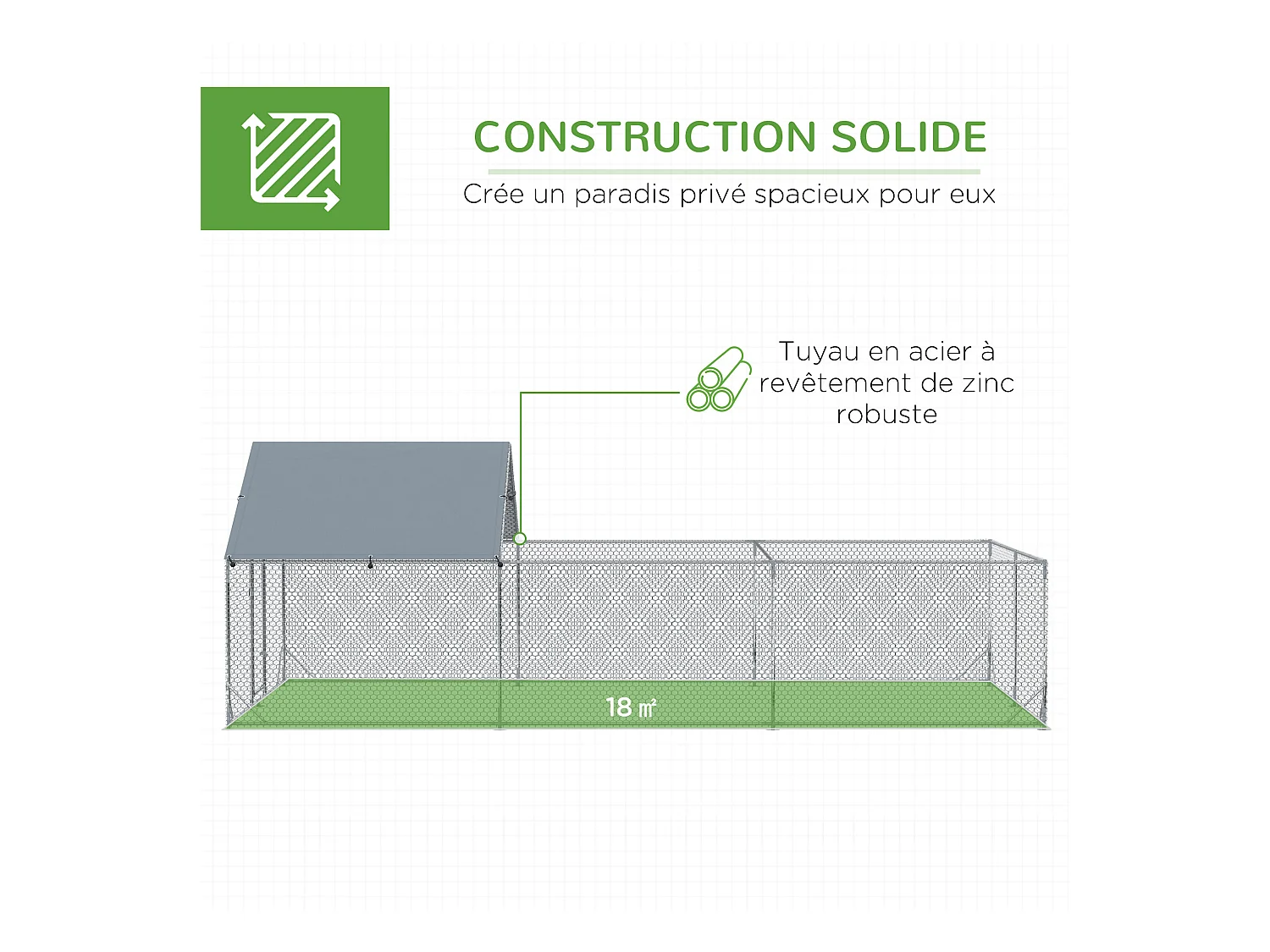 Enclos poulailler chenil 18 m² - parc grillagé dim 6L x 3l x 1,95H m - espace couvert - acier galvanisé