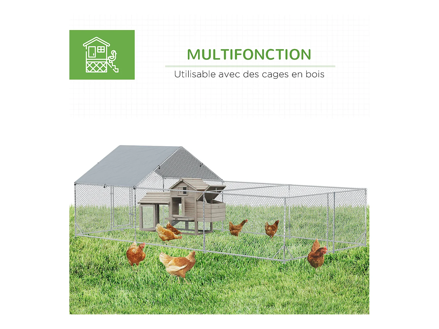 Enclos poulailler chenil 18 m² - parc grillagé dim 6L x 3l x 1,95H m - espace couvert - acier galvanisé