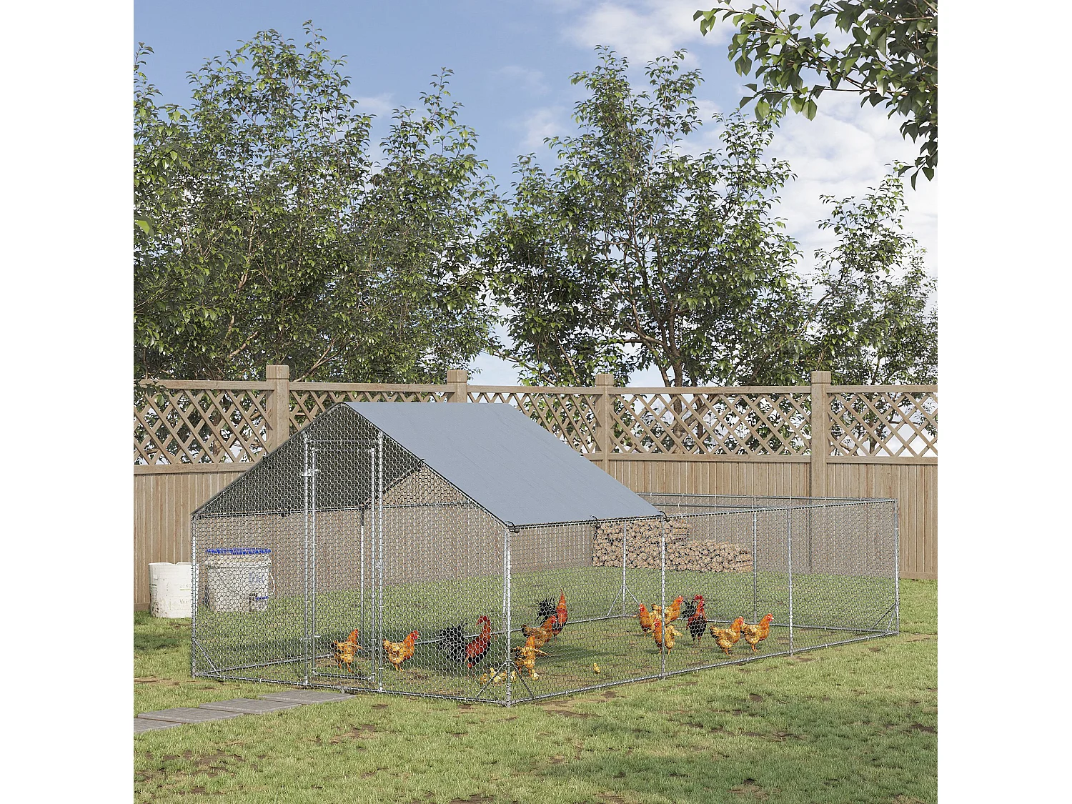 Enclos poulailler chenil 18 m² - parc grillagé dim 6L x 3l x 1,95H m - espace couvert - acier galvanisé