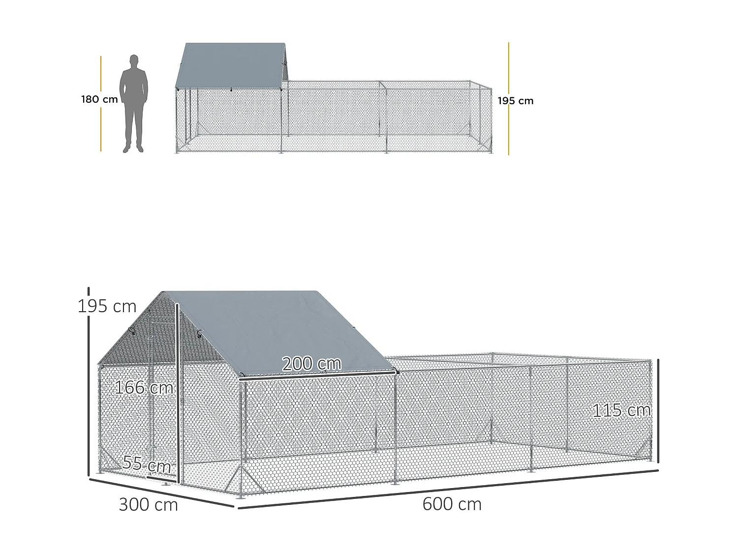 Enclos poulailler chenil 18 m² - parc grillagé dim 6L x 3l x 1,95H m - espace couvert - acier galvanisé