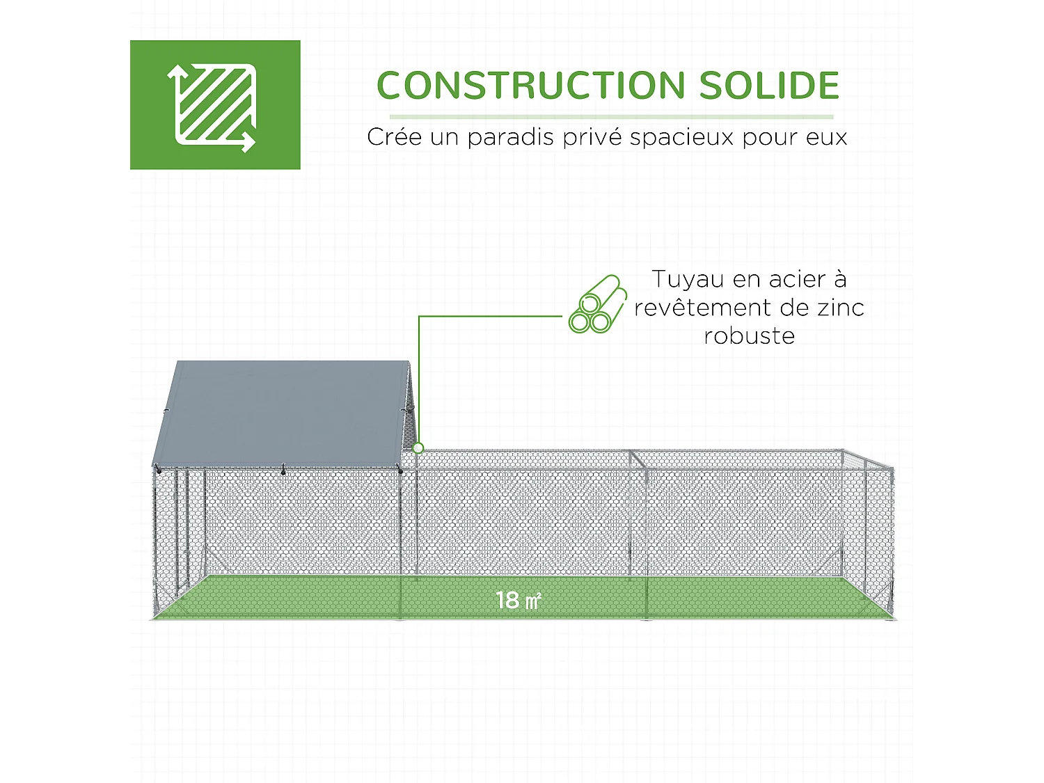 Enclos poulailler chenil 18 m² - parc grillagé dim 6L x 3l x 1,95H m - espace couvert - acier galvanisé