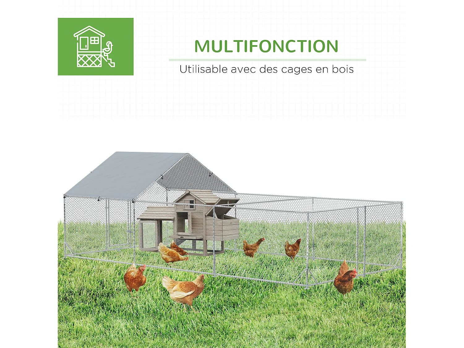 Enclos poulailler chenil 18 m² - parc grillagé dim 6L x 3l x 1,95H m - espace couvert - acier galvanisé