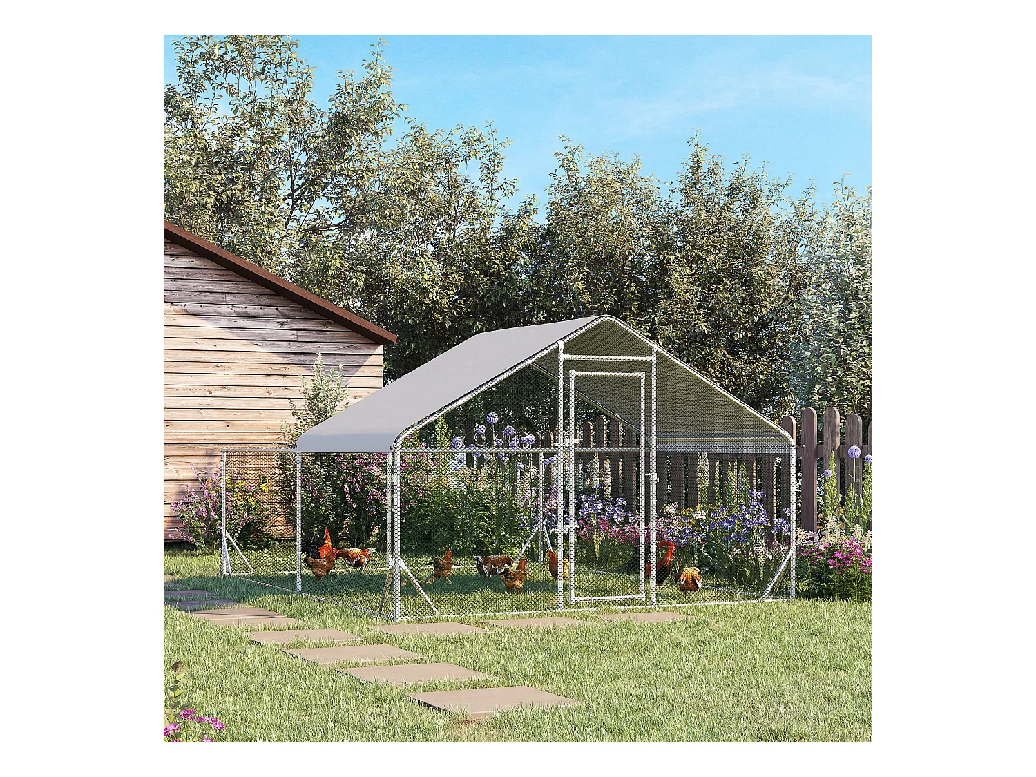 Enclos poulailler chenil 12 m² - parc grillagé dim 4L x 3l x 1,95H m - espace couvert - acier galvanisé