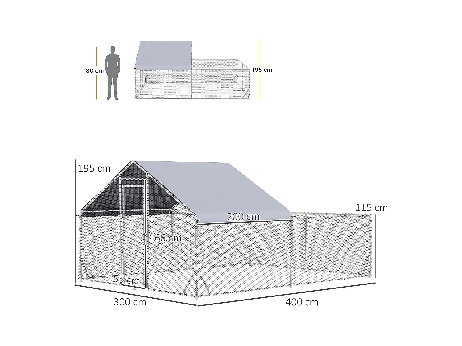 Enclos poulailler chenil 12 m² - parc grillagé dim 4L x 3l x 1,95H m - espace couvert - acier galvanisé