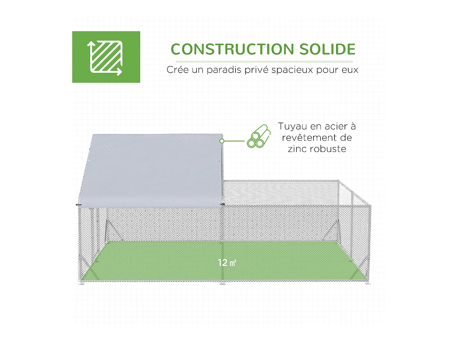 Enclos poulailler chenil 12 m² - parc grillagé dim 4L x 3l x 1,95H m - espace couvert - acier galvanisé