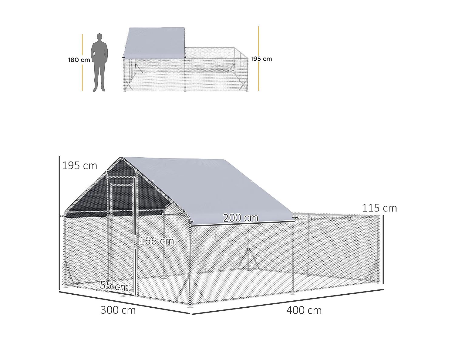 Enclos poulailler chenil 12 m² - parc grillagé dim 4L x 3l x 1,95H m - espace couvert - acier galvanisé