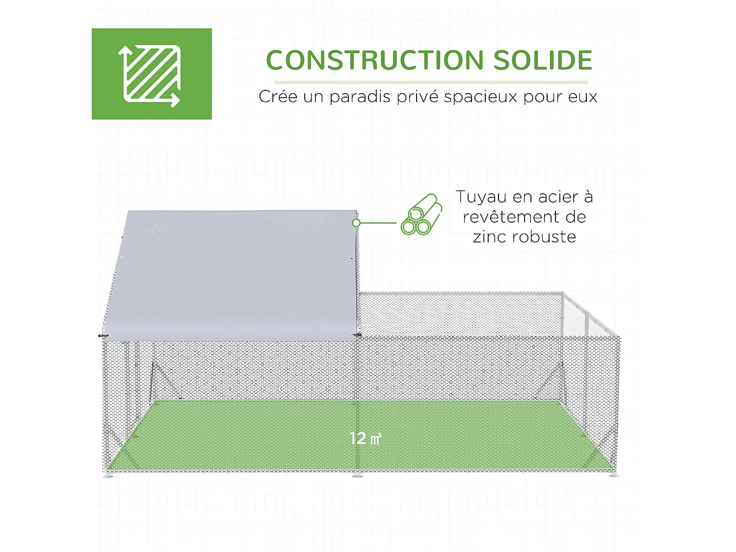Enclos poulailler chenil 12 m² - parc grillagé dim 4L x 3l x 1,95H m - espace couvert - acier galvanisé