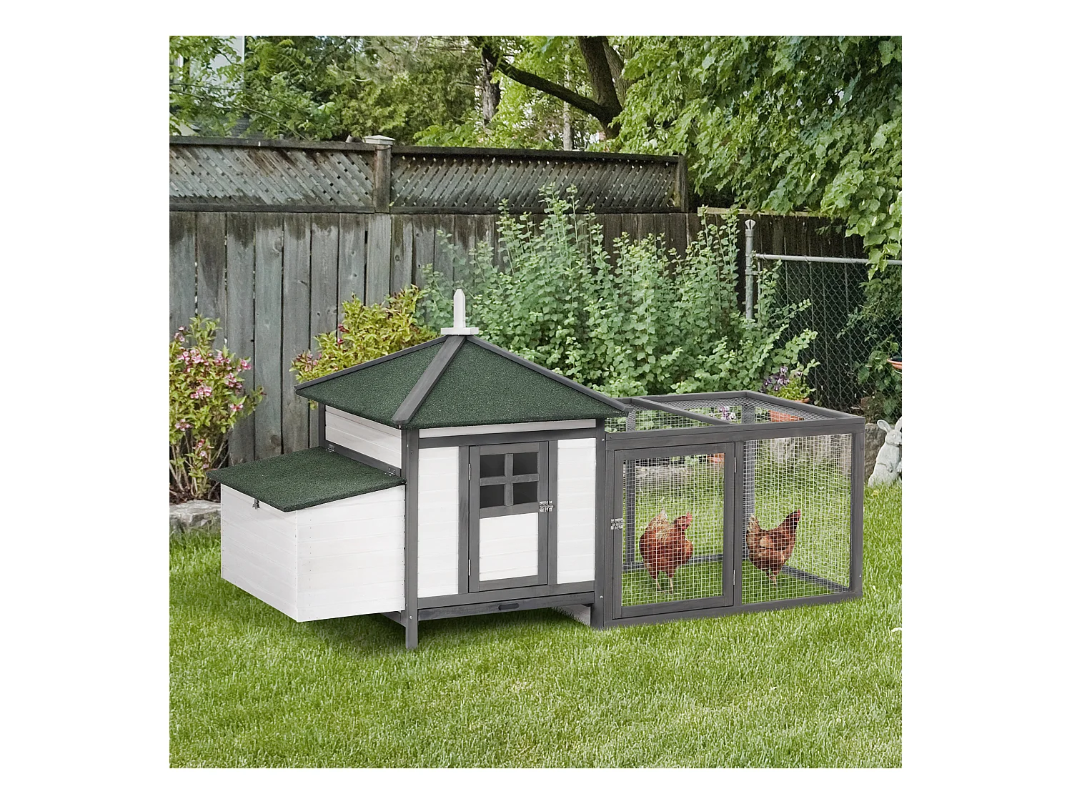 Poulailler cottage multi-équipement perchoir rampe pondoir enclos tiroir à déjection 196L x 76l x 97H cm bois massif pin gris blanc